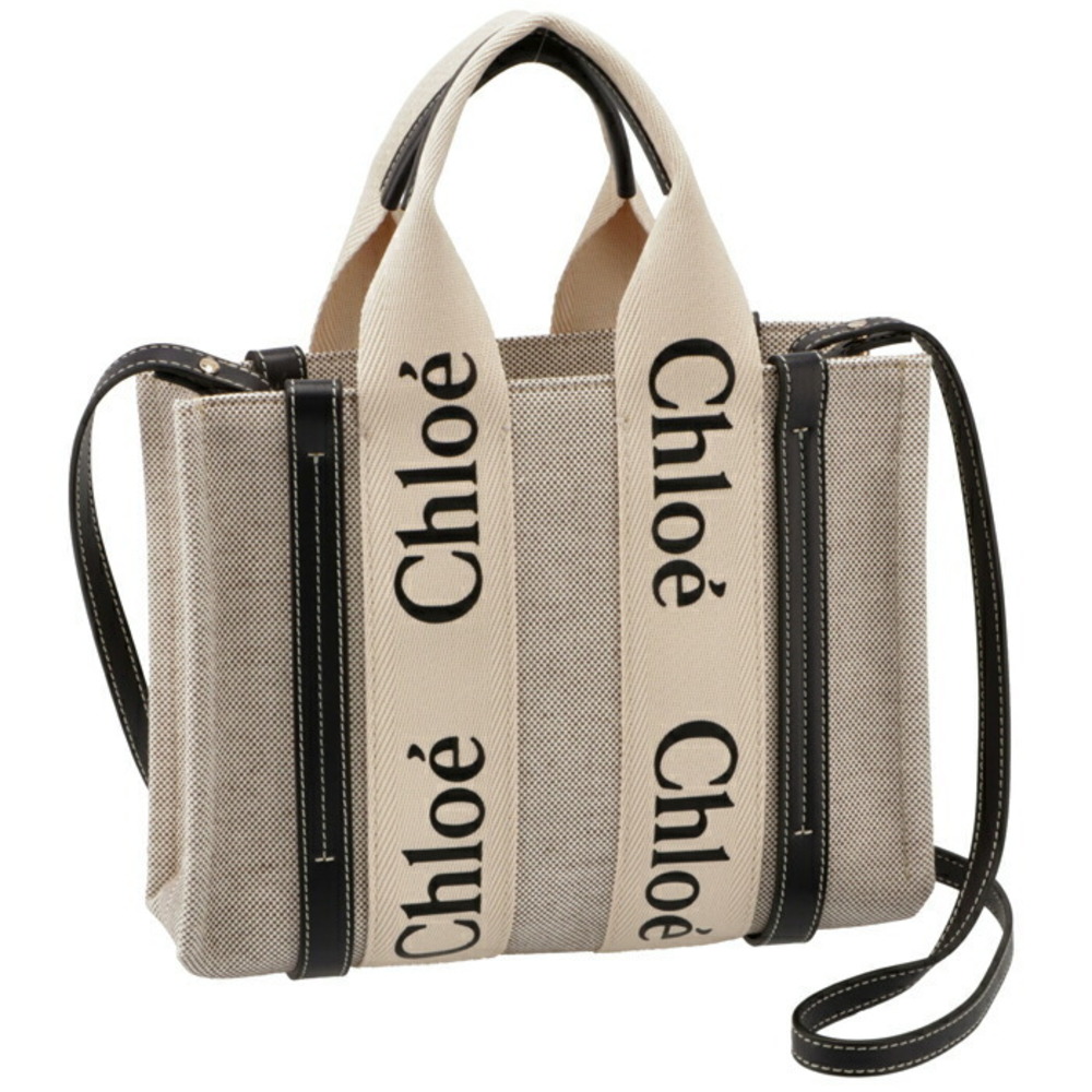 Chloe Woody Small Shoulder Bag Canvas White Navy